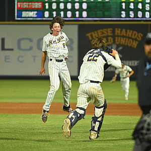 Ryan Schnell celebrates the final out with catcher Chuck Wynn of Thursday night's 3-1 win over Lincokn-SJ